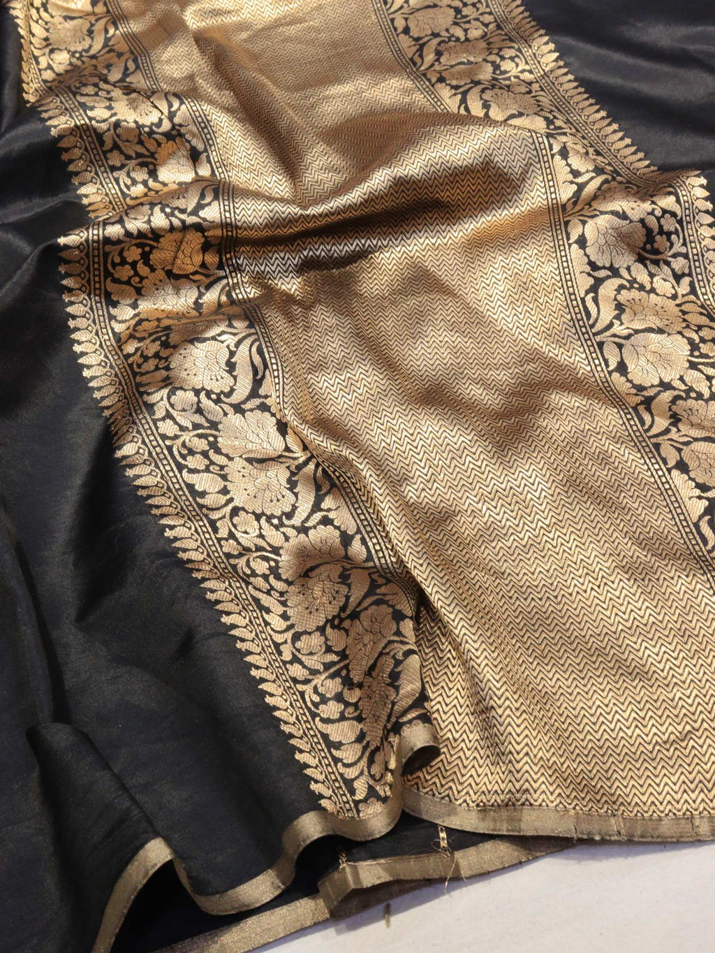 Black Soft Katan Banarasi saree border closeup