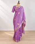 Lavender Soft Katan Banarasi saree front drape view