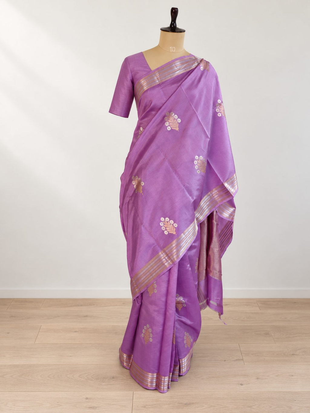 Lavender Soft Katan Banarasi saree full spread