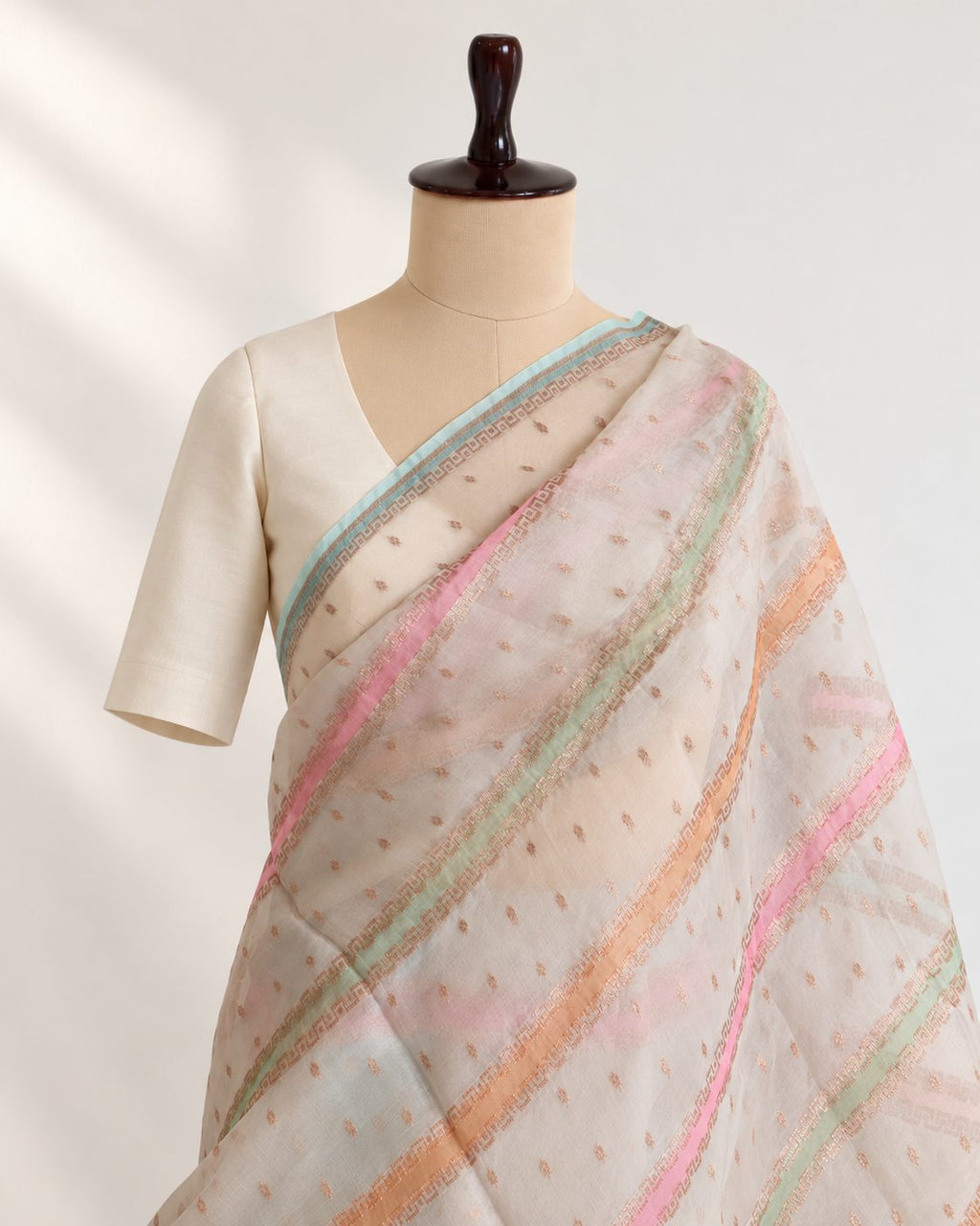 Cream Kora Silk Banarasi saree front drape view