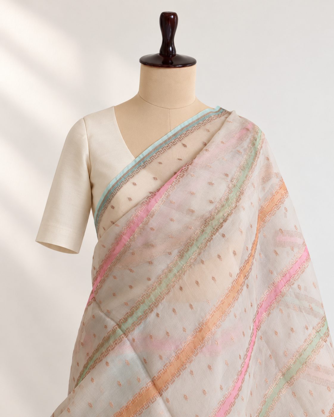 Cream Kora Silk Banarasi saree front drape view