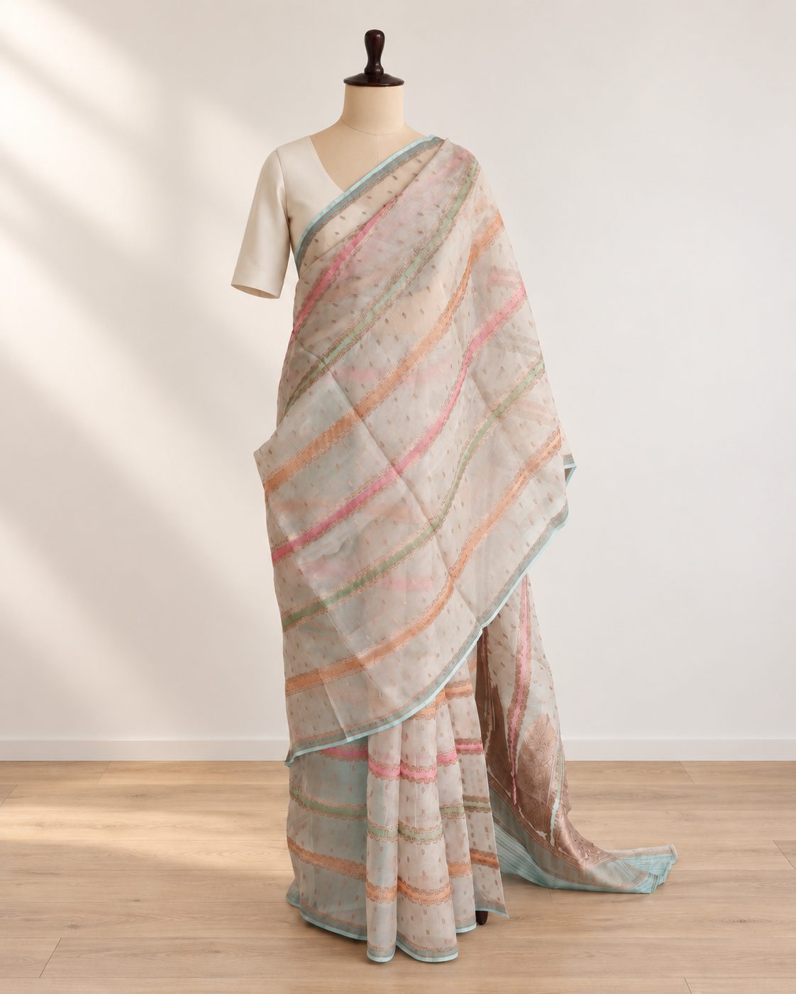 Cream Kora Silk Banarasi saree blouse piece