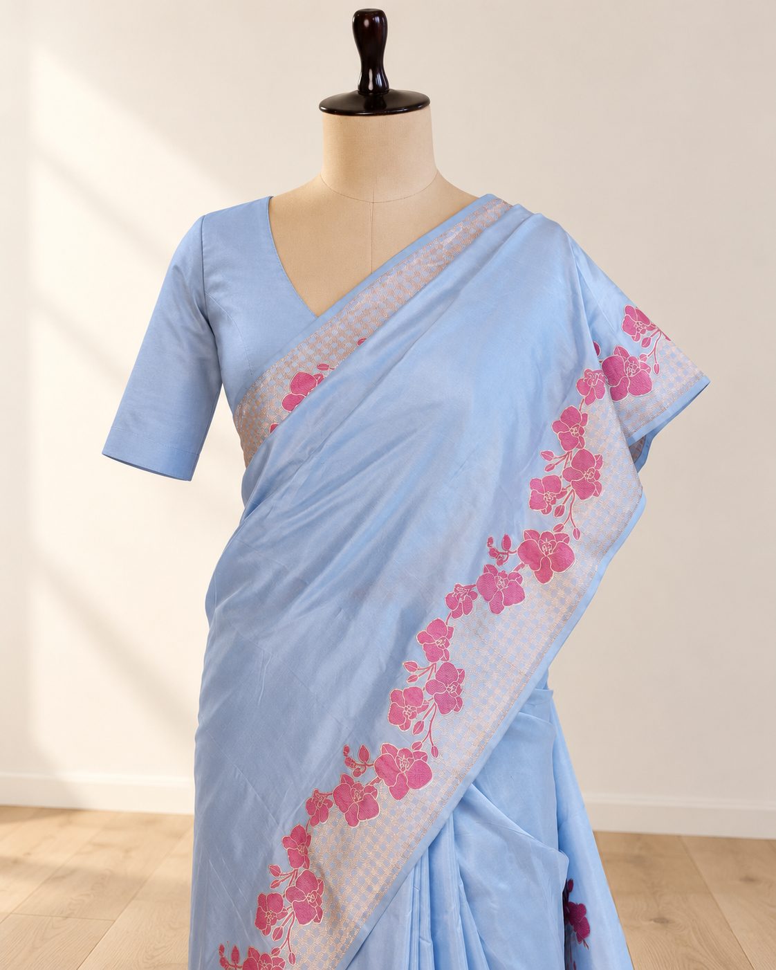 Pastel powder blue Katan Silk Banarasi saree front drape view
