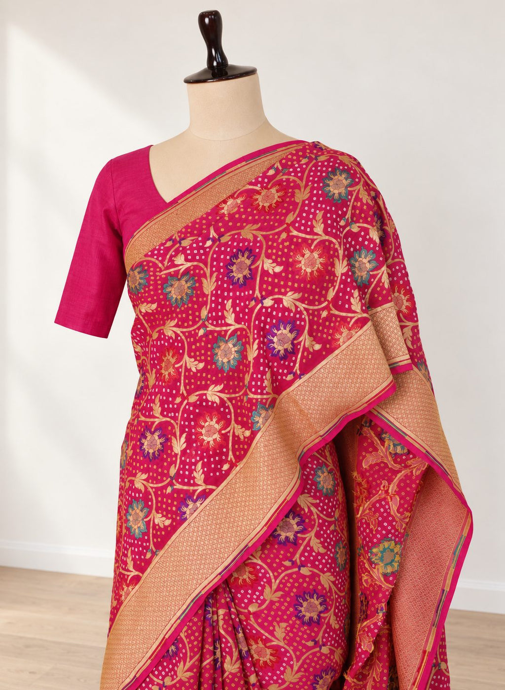 Rani pink colour Khaddi Georgette Banarasi saree front drape view