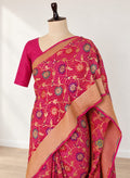 Rani pink colour Khaddi Georgette Banarasi saree front drape view