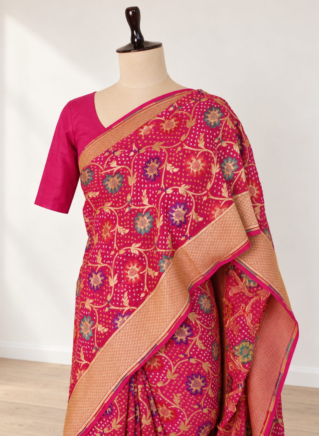 Rani pink colour Khaddi Georgette Banarasi saree front drape view
