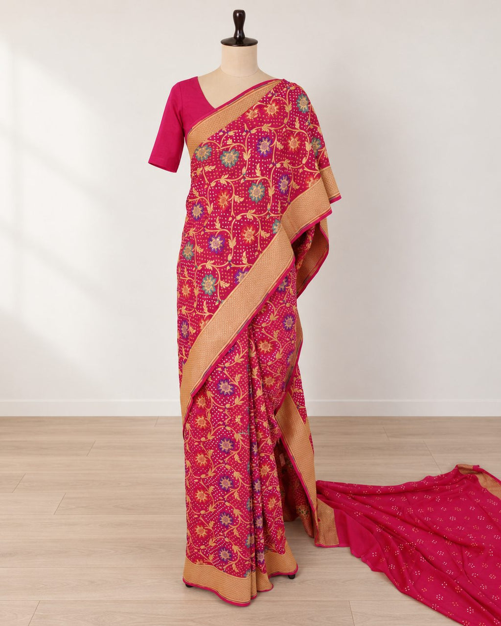 Rani pink colour Khaddi Georgette Banarasi saree pallu detail