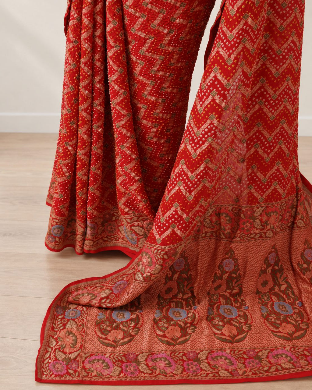 Dark Red Khaddi Georgette Banarasi saree border closeup