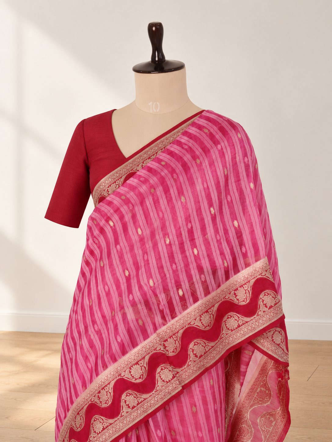 Bright pink Khaddi Georgette Banarasi saree front drape view