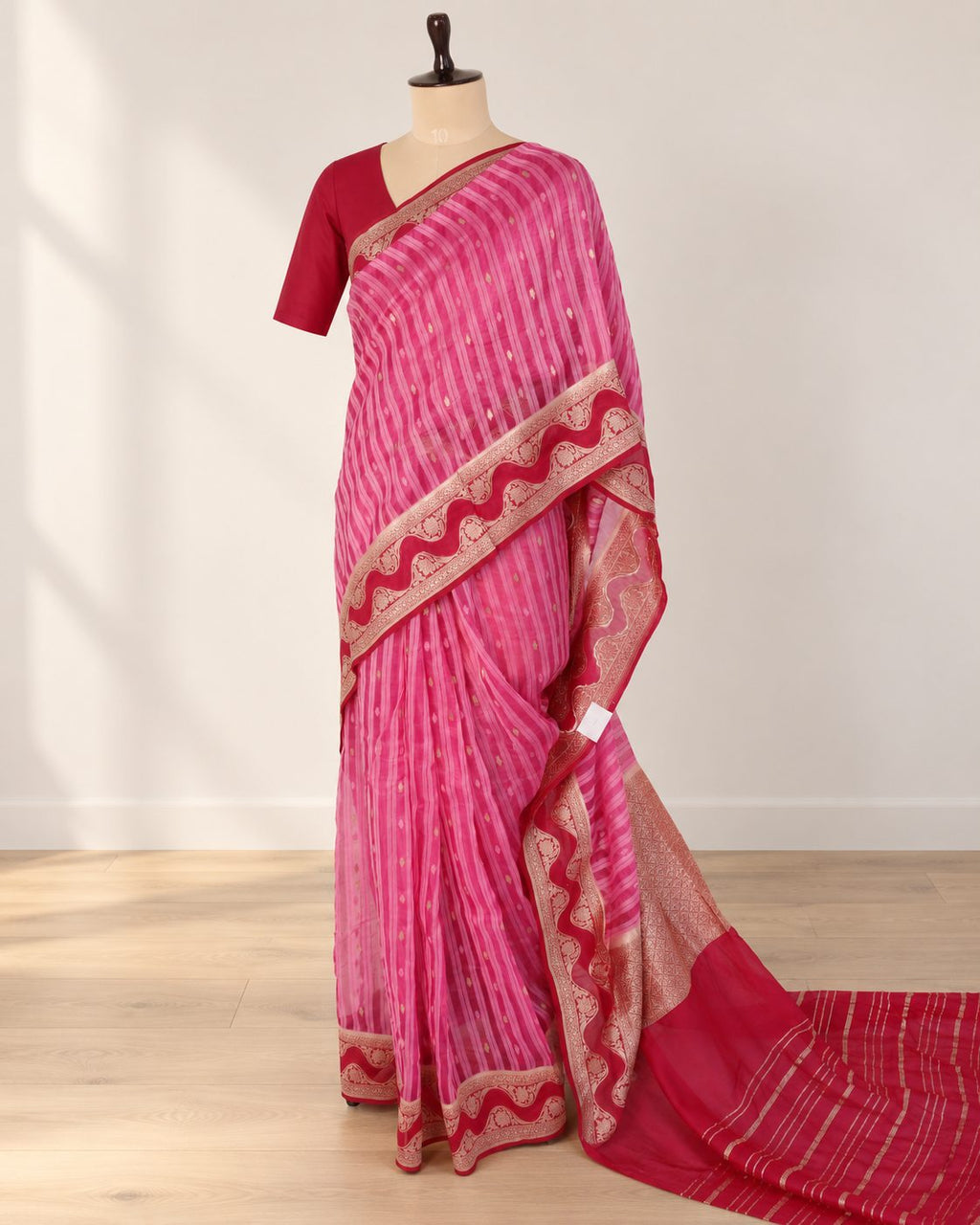 Bright pink Khaddi Georgette Banarasi saree pallu detail