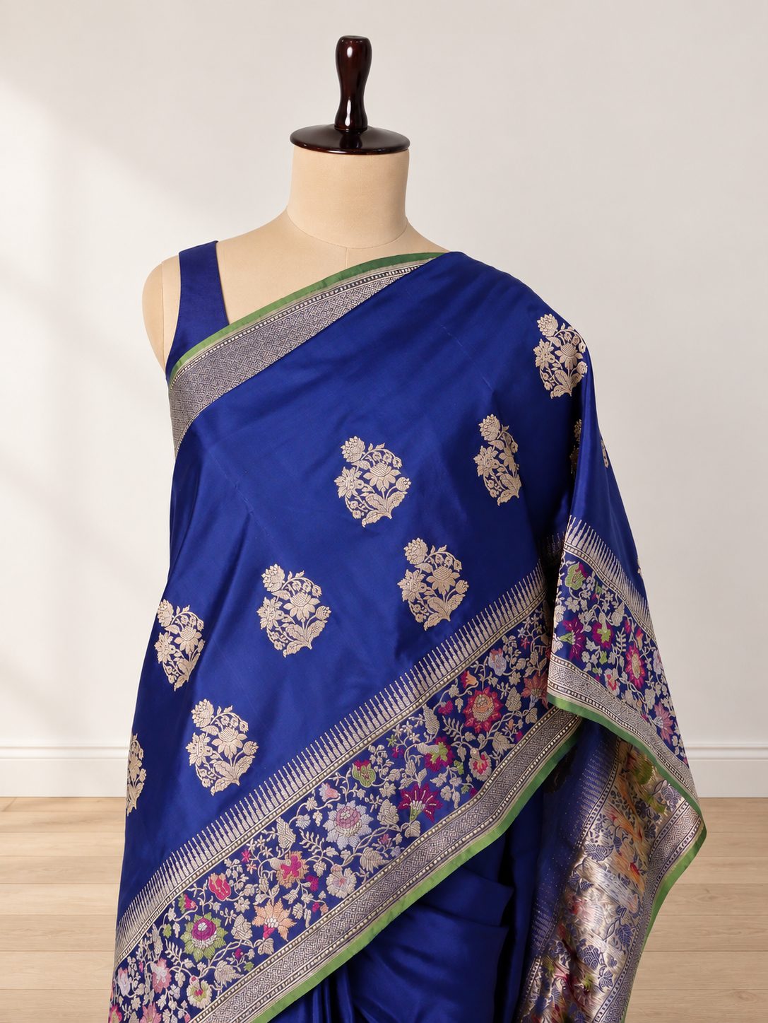 Royal blue Katan Silk Banarasi saree front drape view