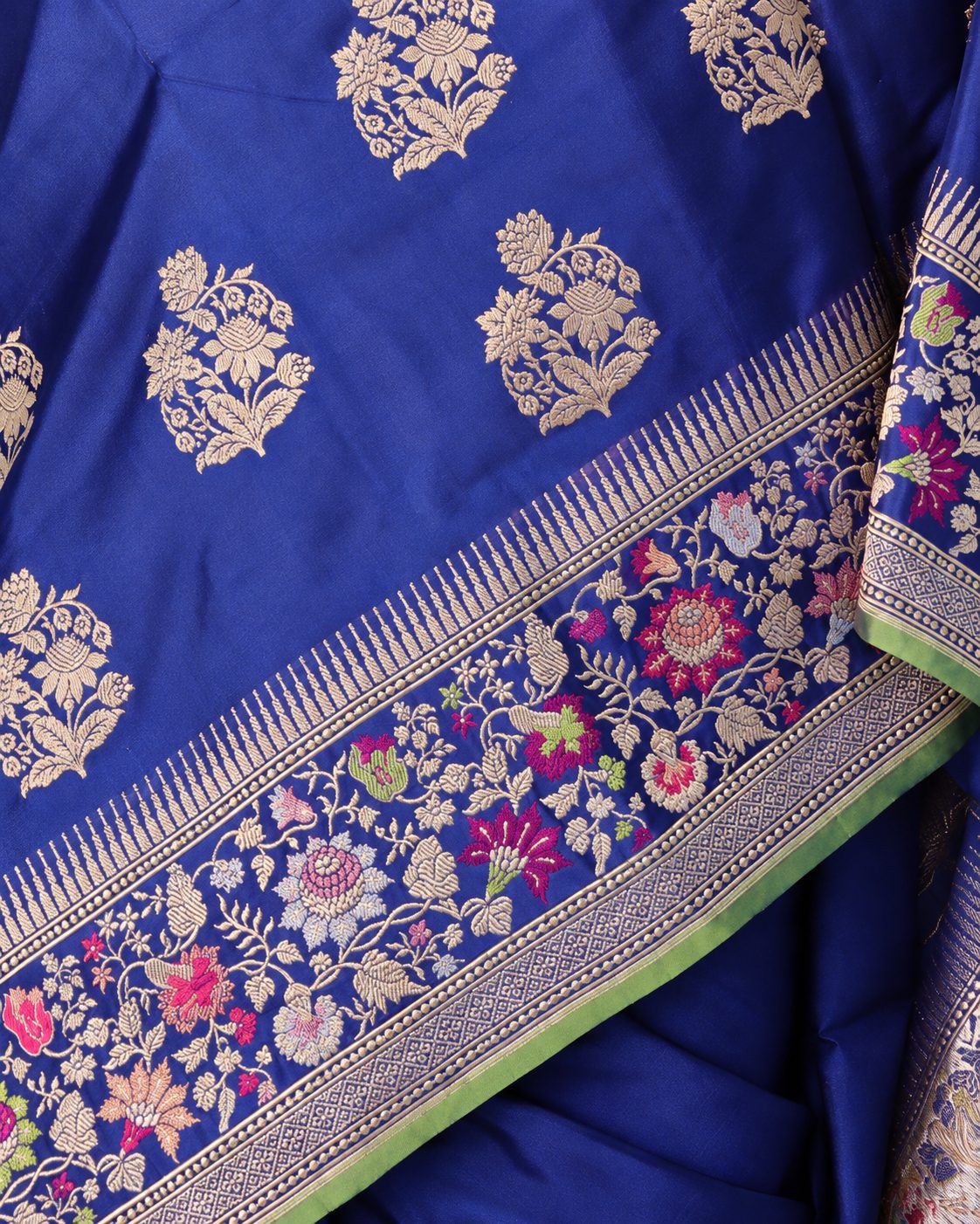 Royal blue Katan Silk Banarasi saree border closeup