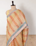 Pastel lemon yellow Kora Silk Banarasi saree front drape view