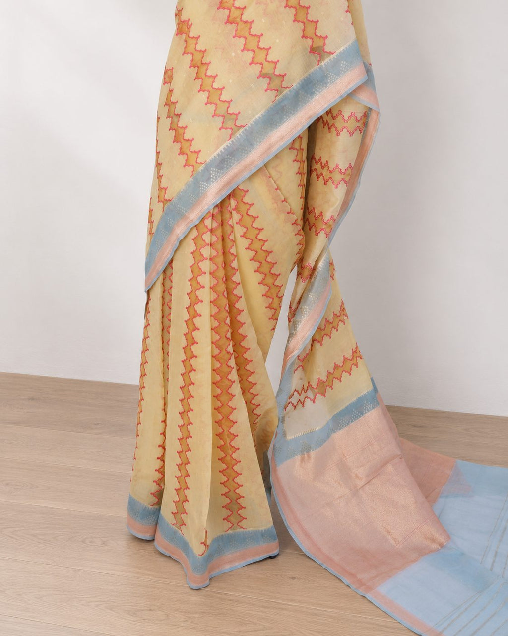 Pastel lemon yellow Kora Silk Banarasi saree pallu detail