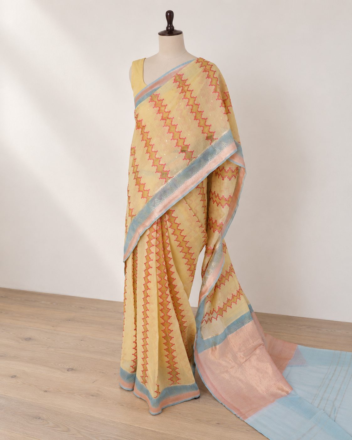 Pastel lemon yellow Kora Silk Banarasi saree blouse piece