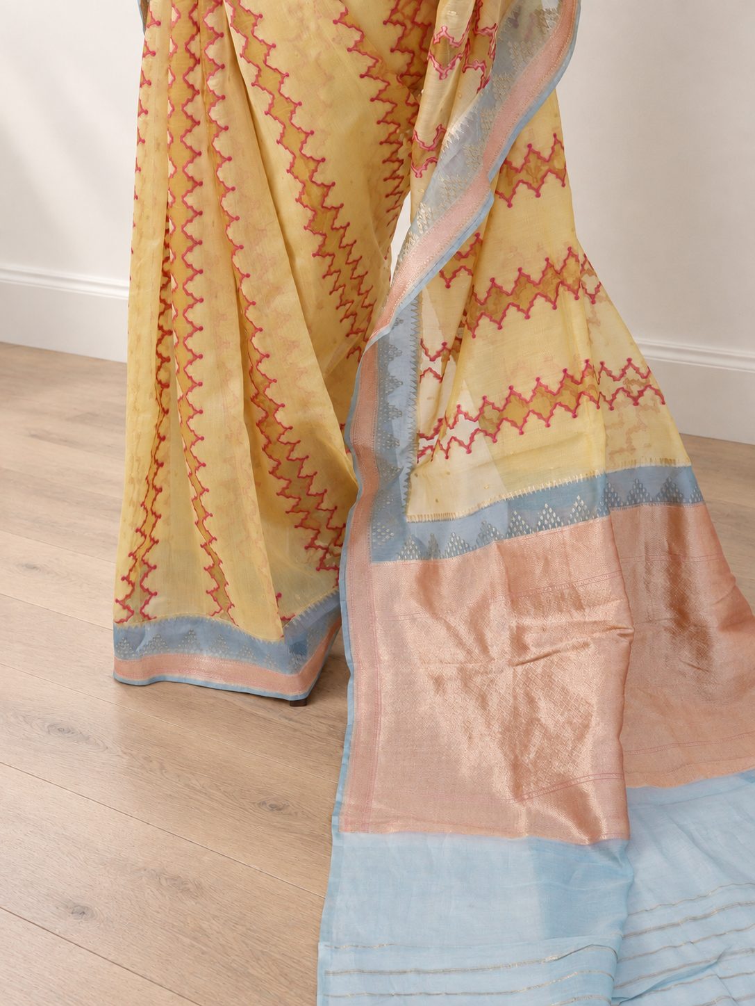 Pastel lemon yellow Kora Silk Banarasi saree full spread