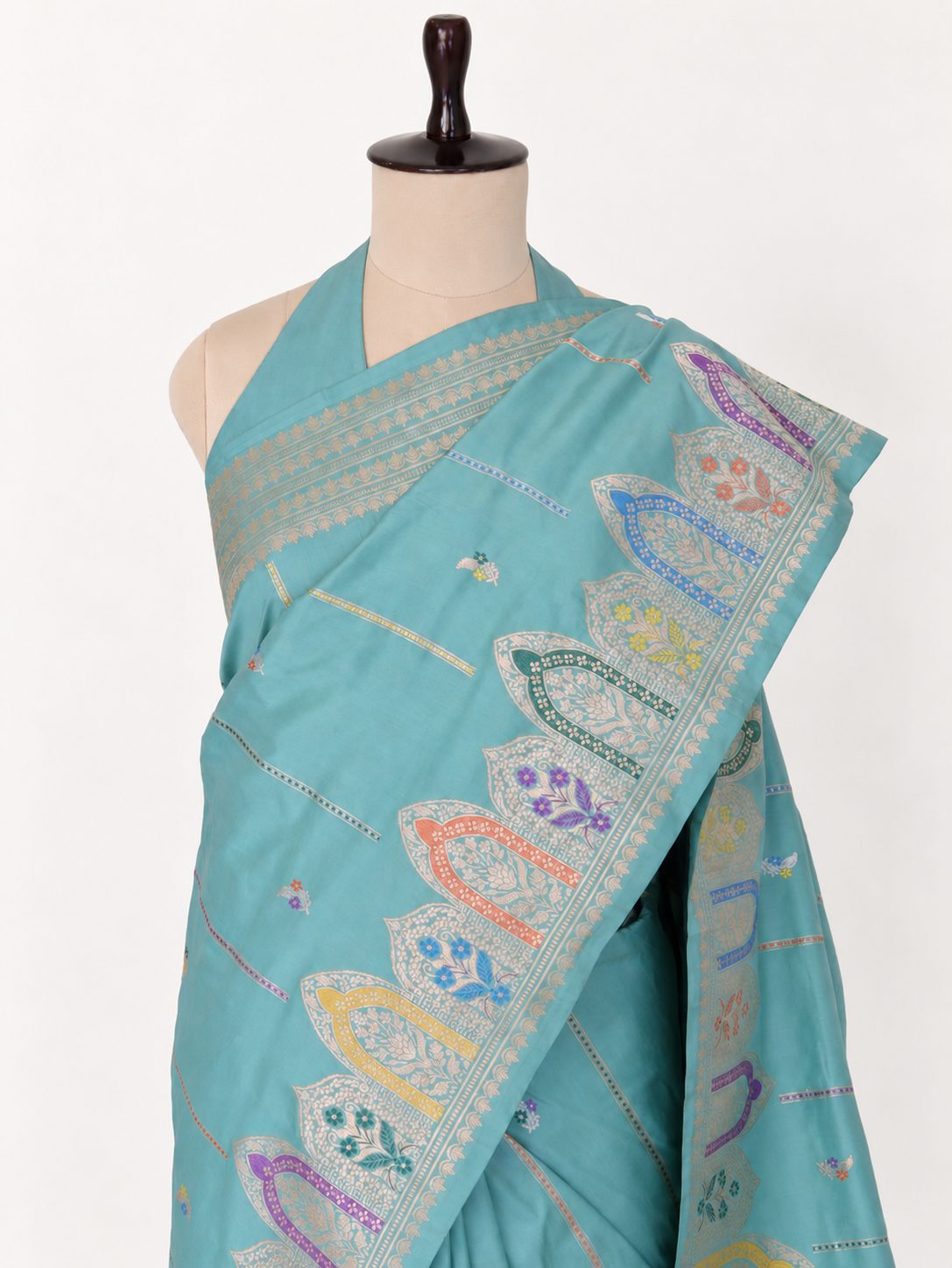 Sea Green Katan Silk Banarasi saree front drape view