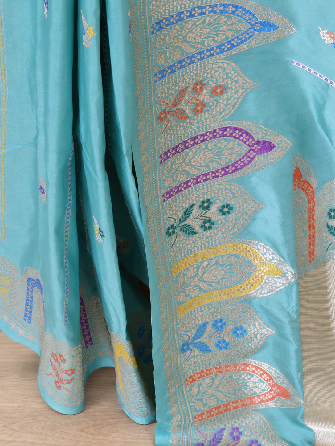 Sea Green Katan Silk Banarasi saree full spread