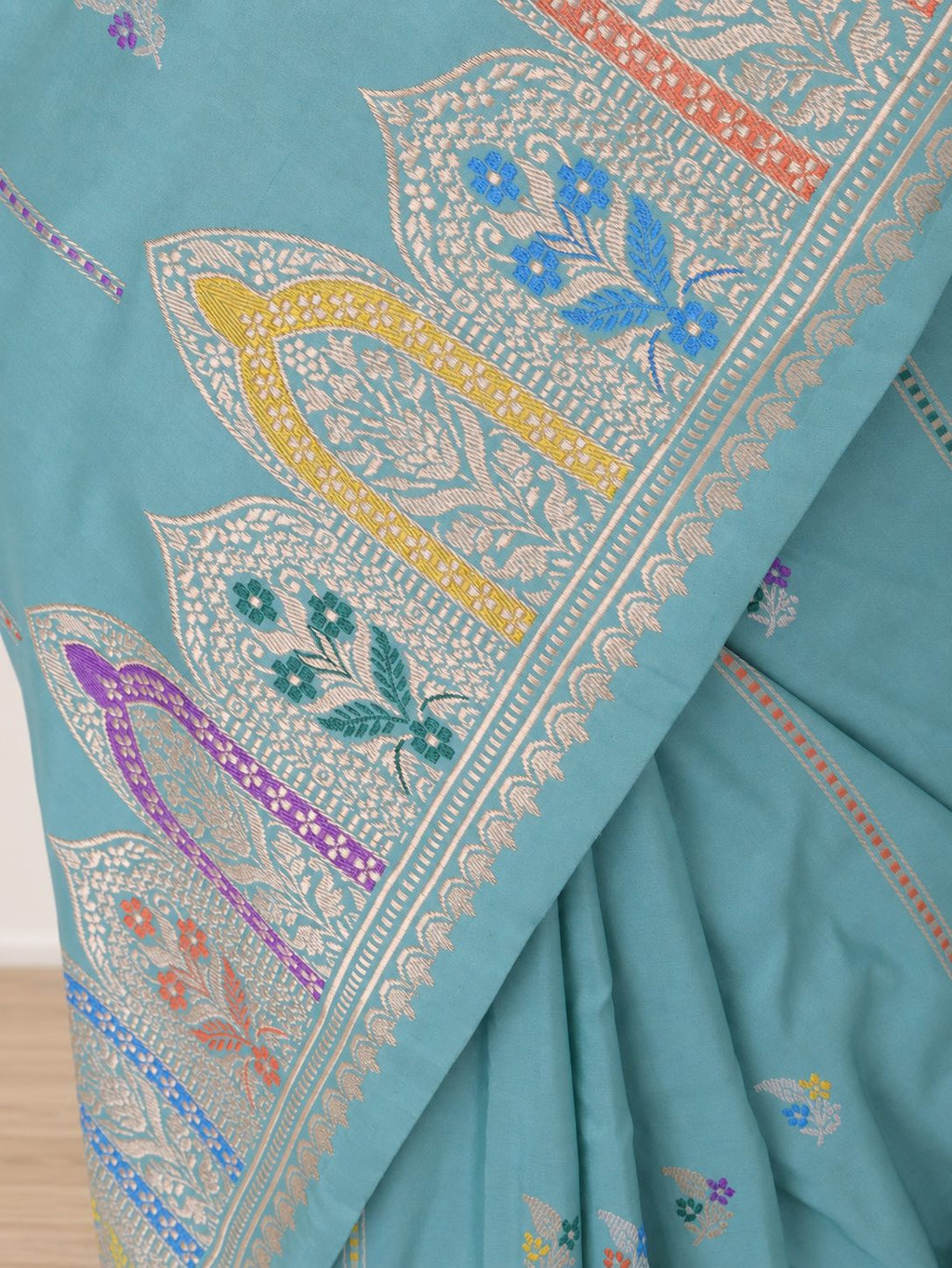 Sea Green Katan Silk Banarasi saree border closeup