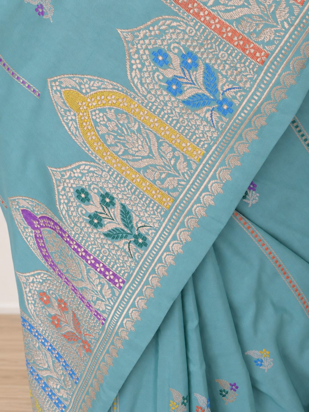 Sea Green Katan Silk Banarasi saree border closeup