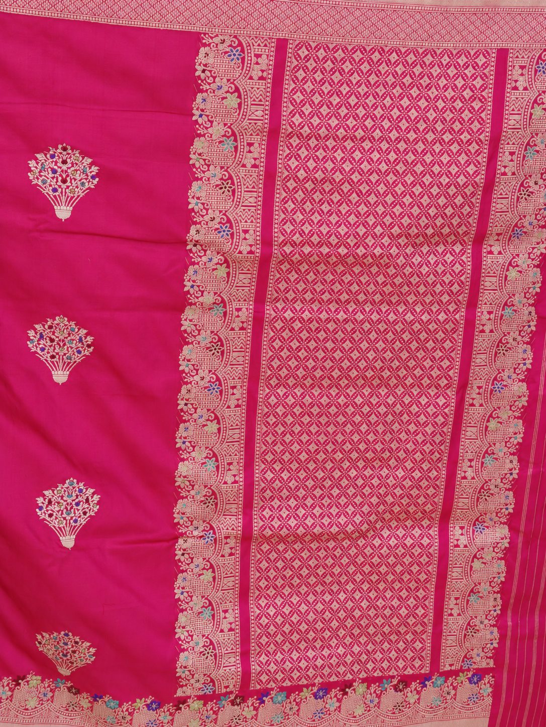 Rich rani pink with zari detailing and multicoloured Meenakari accents Katan Silk Banarasi saree blouse piece