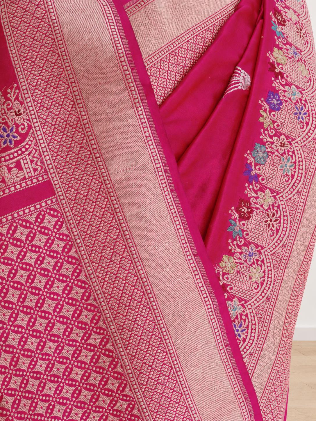 Rich rani pink with zari detailing and multicoloured Meenakari accents Katan Silk Banarasi saree full spread
