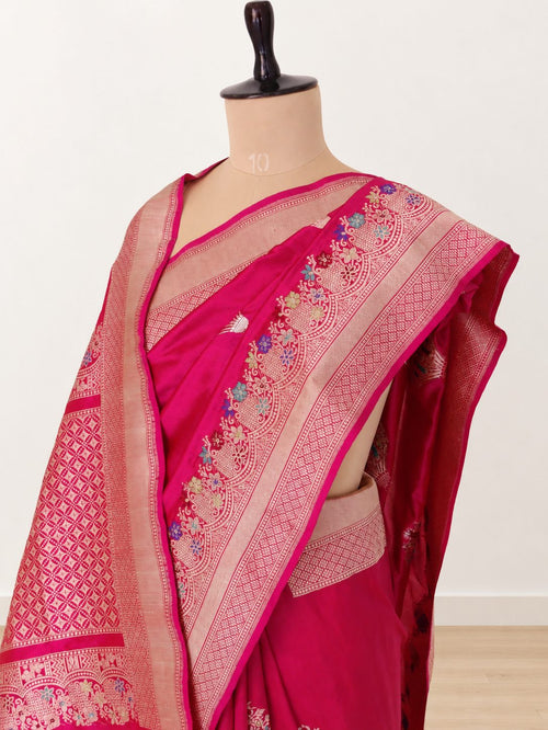 Rich rani pink with zari detailing and multicoloured Meenakari accents Katan Silk Banarasi saree front drape view