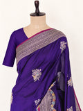Rich royal purple with a contrasting magenta edge and multicoloured accents Katan Silk Banarasi saree front drape view