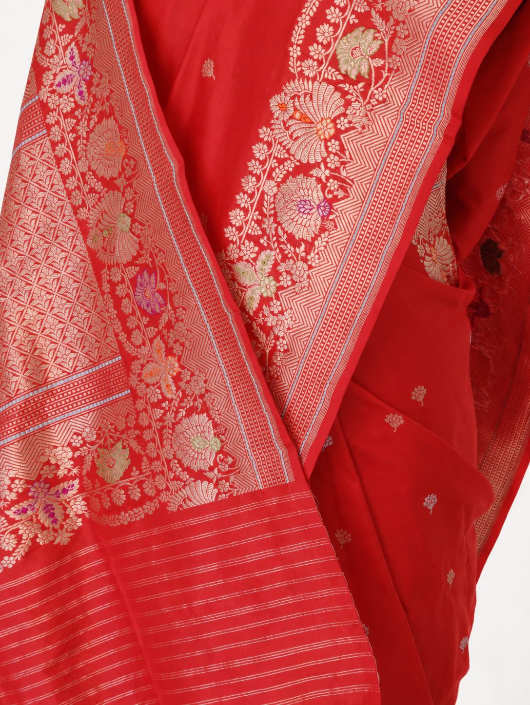 Vibrant vermilion red with gold-toned zari and purple, green and orange accents Katan Silk Banarasi saree blouse piece