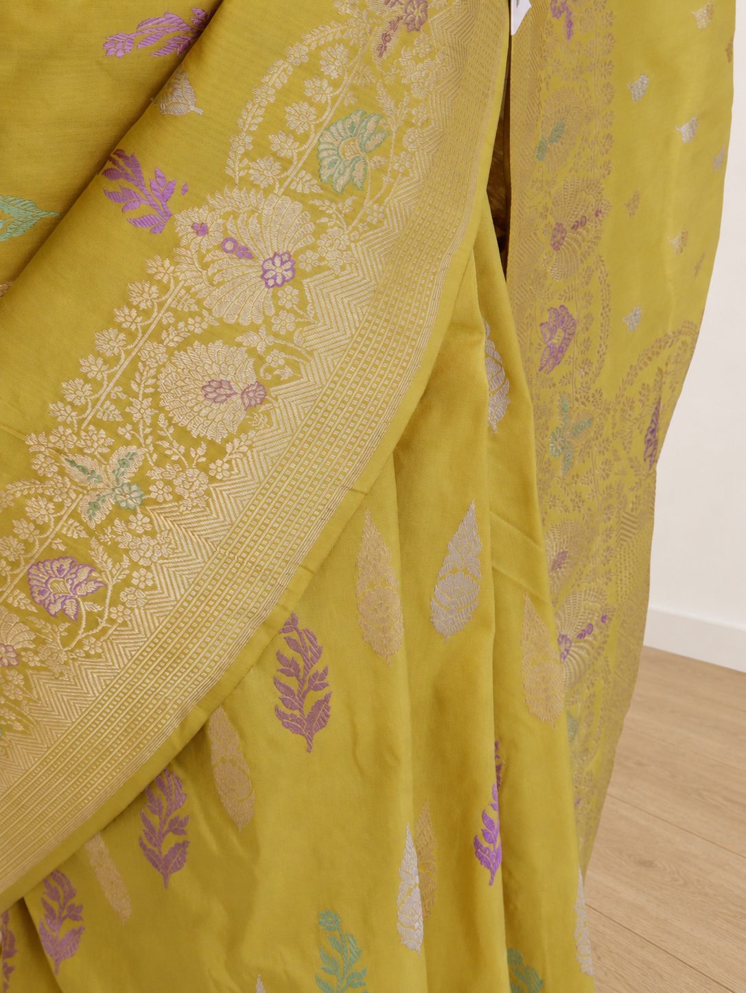Mustard yellow with a subtle olive undertone, accented with lilac, mint green and light gold zari Katan Silk Banarasi saree blouse piece