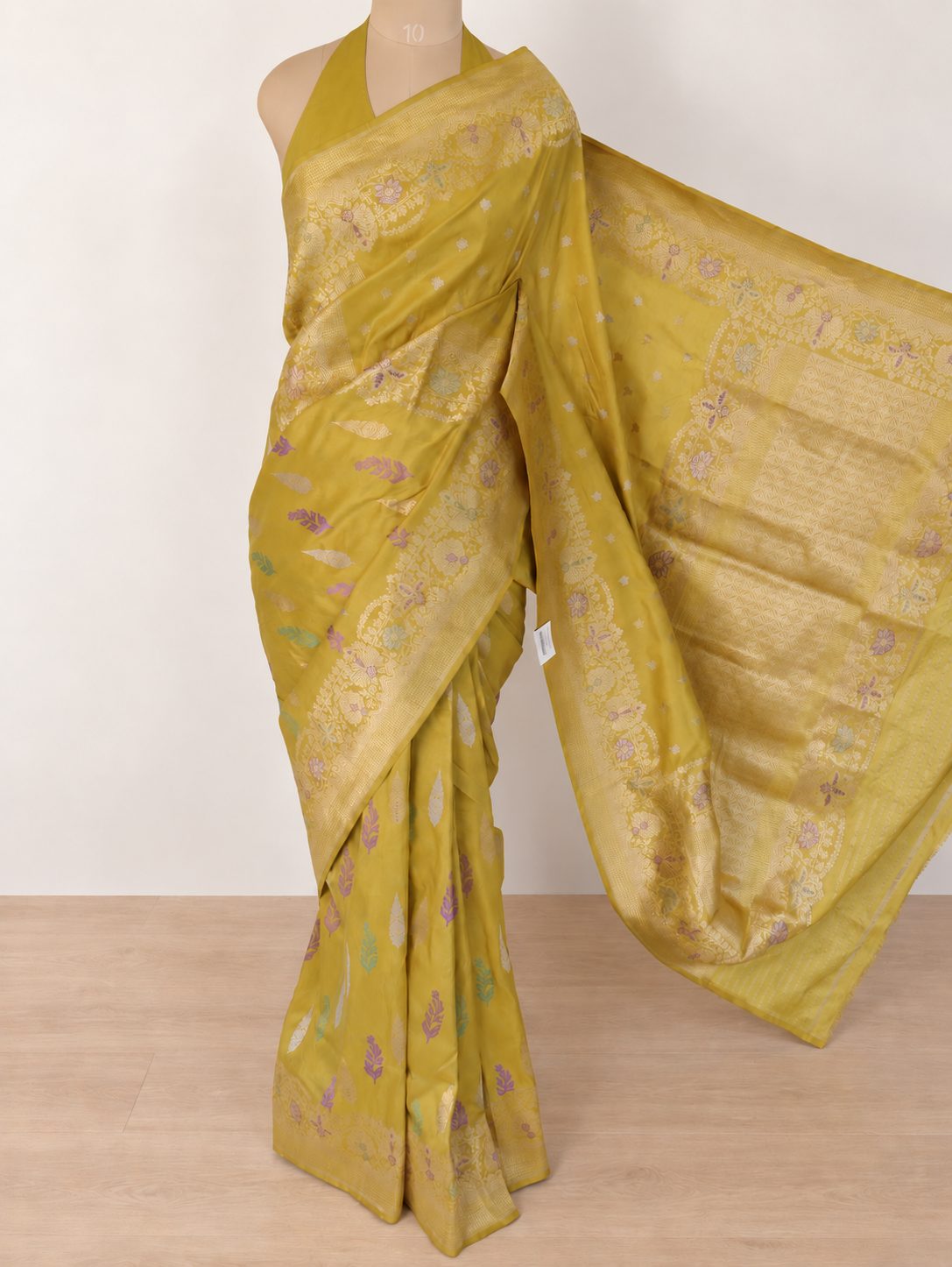 Mustard yellow with a subtle olive undertone, accented with lilac, mint green and light gold zari Katan Silk Banarasi saree full spread