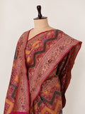 Mustard yellow and deep green, accented with rani pink, red edging and gold toned zari Katan Silk Banarasi saree front drape view