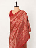 Rich red with metallic zari and subtle pink and orange Meenakari accents Katan Silk Banarasi saree front drape view