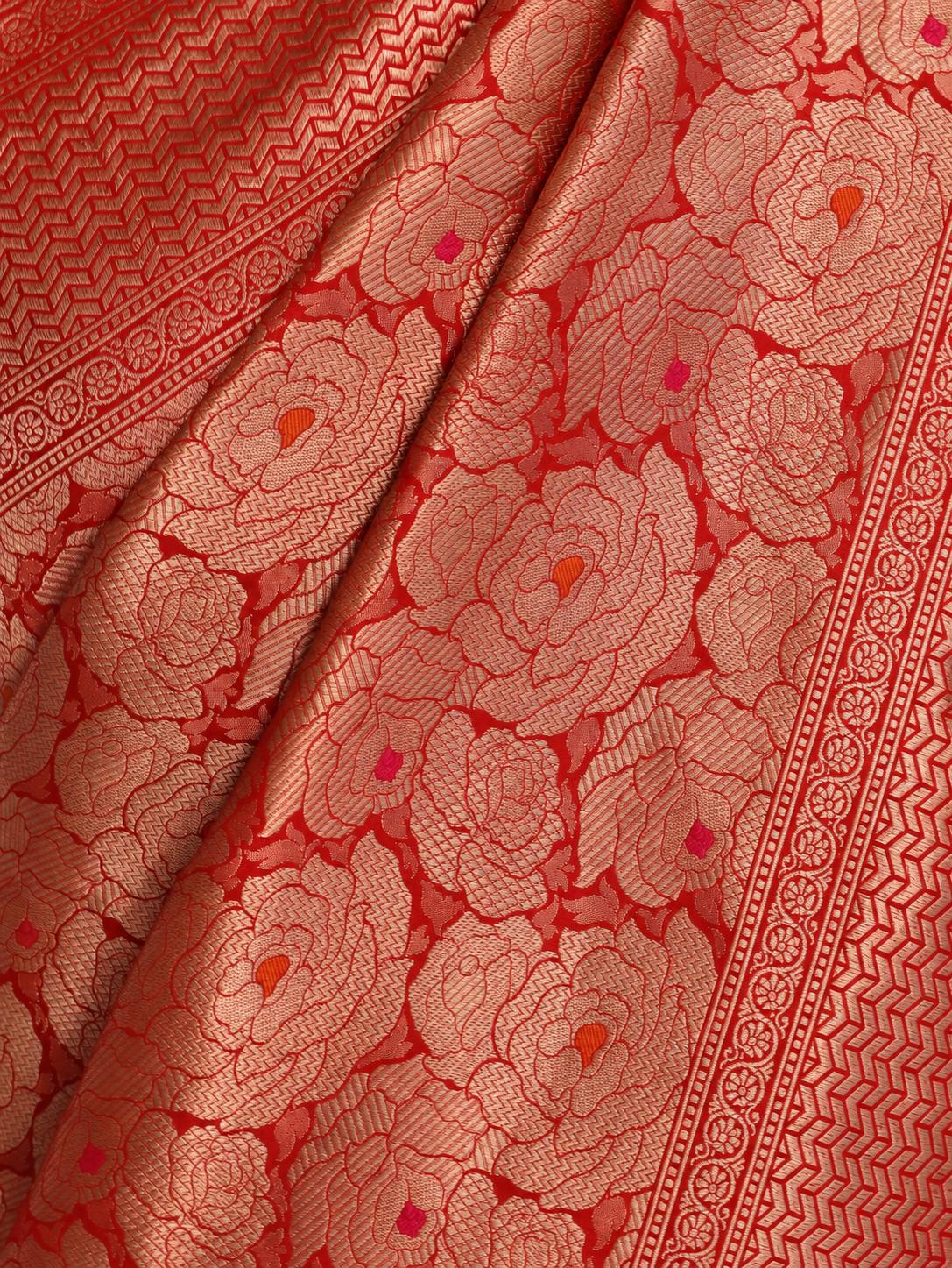 Rich red with metallic zari and subtle pink and orange Meenakari accents Katan Silk Banarasi saree pallu detail