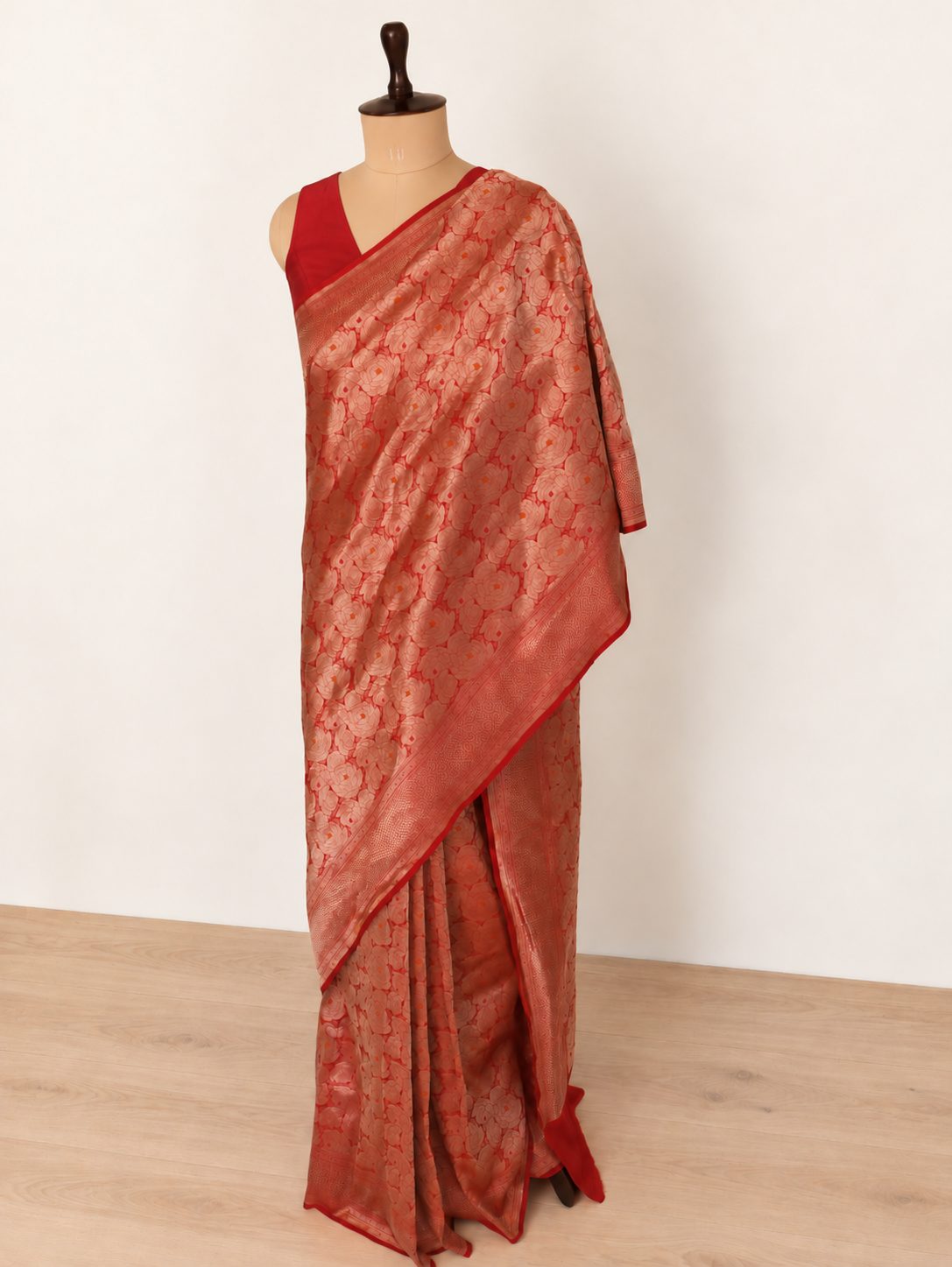 Rich red with metallic zari and subtle pink and orange Meenakari accents Katan Silk Banarasi saree blouse piece