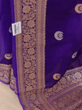 Rich royal purple with contrasting gold toned zari detailing Kora Silk Banarasi saree front drape view