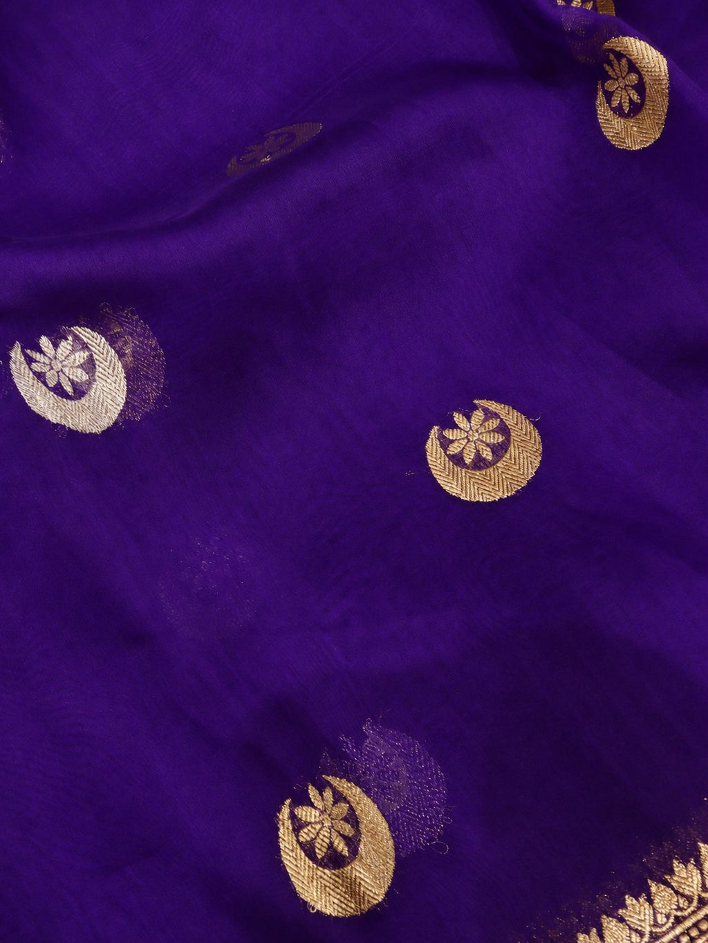 Rich royal purple with contrasting gold toned zari detailing Kora Silk Banarasi saree front drape view