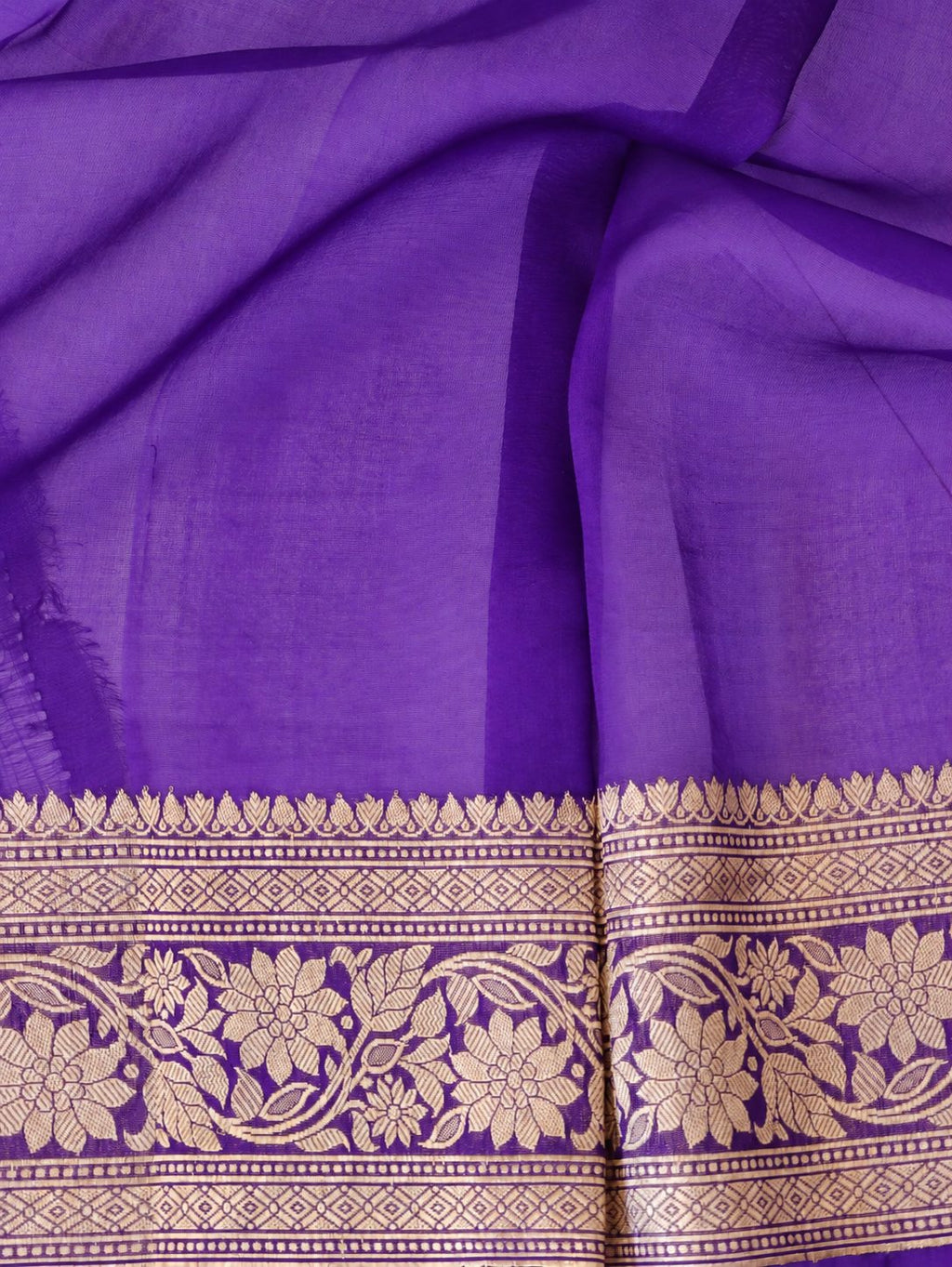 Rich royal purple with contrasting gold toned zari detailing Kora Silk Banarasi saree front drape view