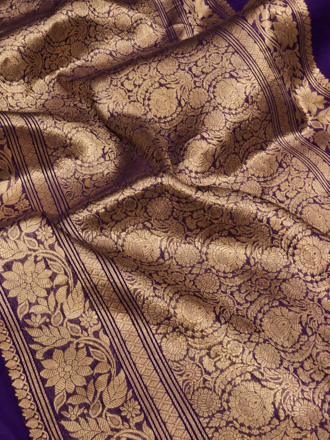 Rich royal purple with contrasting gold toned zari detailing Kora Silk Banarasi saree front drape view