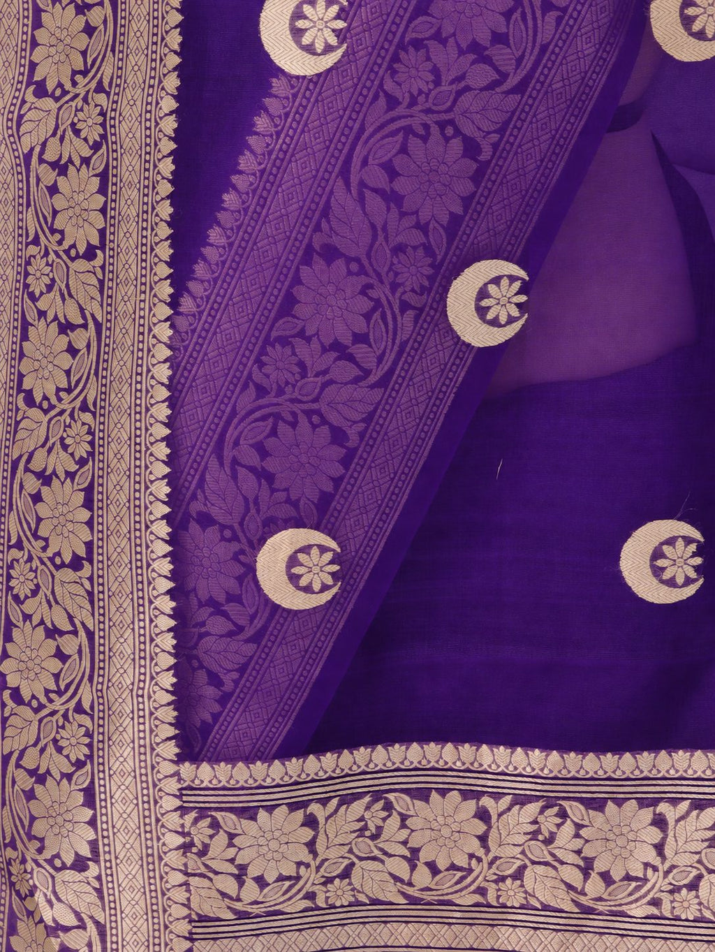 Rich royal purple with contrasting gold toned zari detailing Kora Silk Banarasi saree front drape view