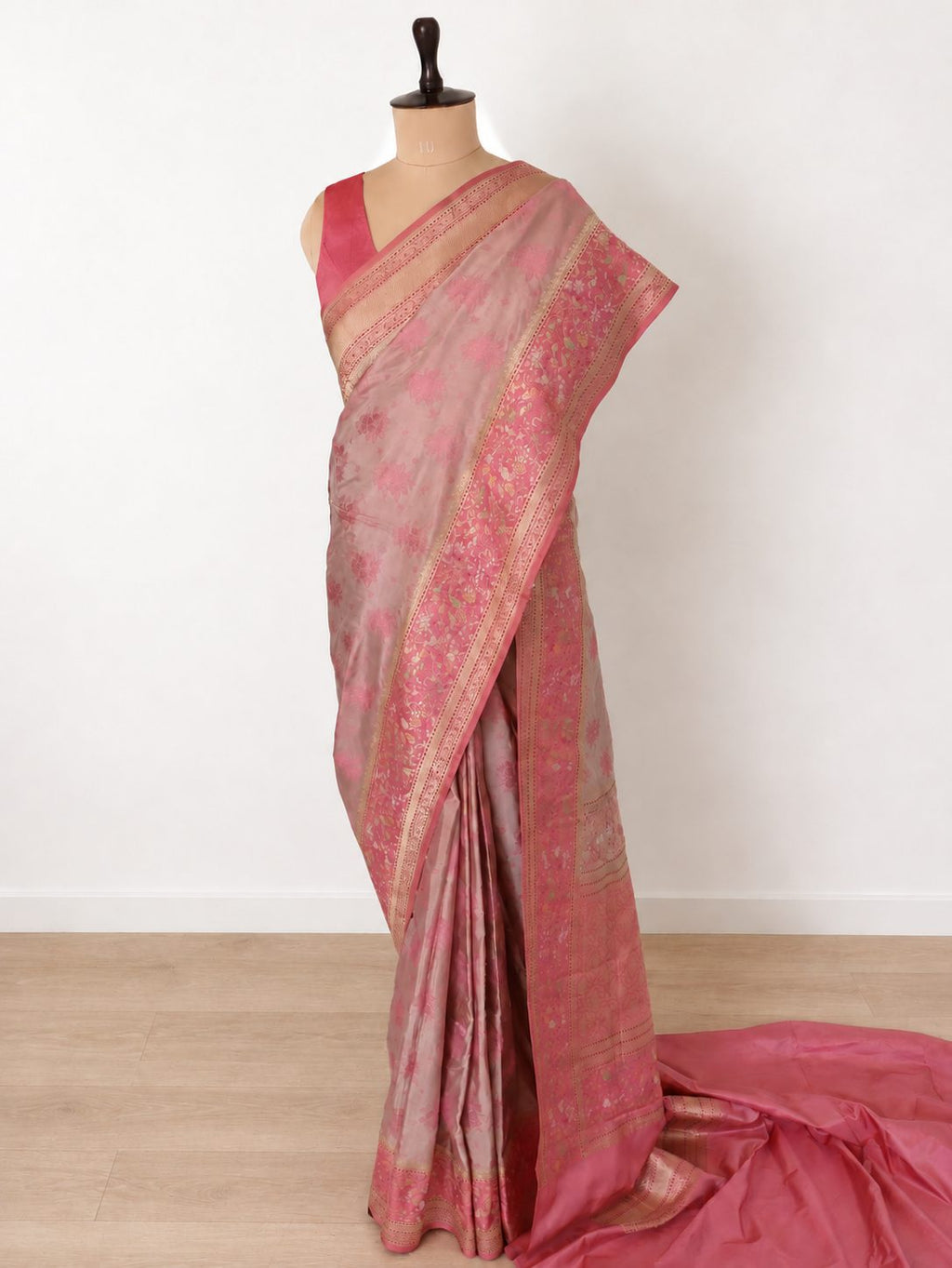 Soft champagne-beige body with rose-pink borders and pallu, accented with gold and silver-toned zari Katan Silk Banarasi saree full spread