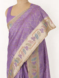 Soft lavender body with a champagne-gold border and pastel pink, powder-blue and lilac accents Raw Dupion Banarasi saree front drape view