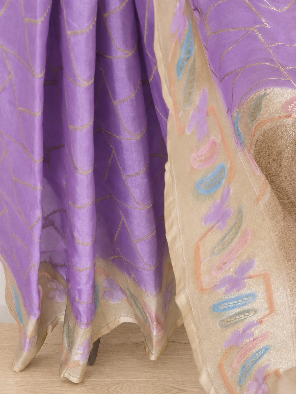 Soft lavender body with a champagne-gold border and pastel pink, powder-blue and lilac accents Raw Dupion Banarasi saree border closeup