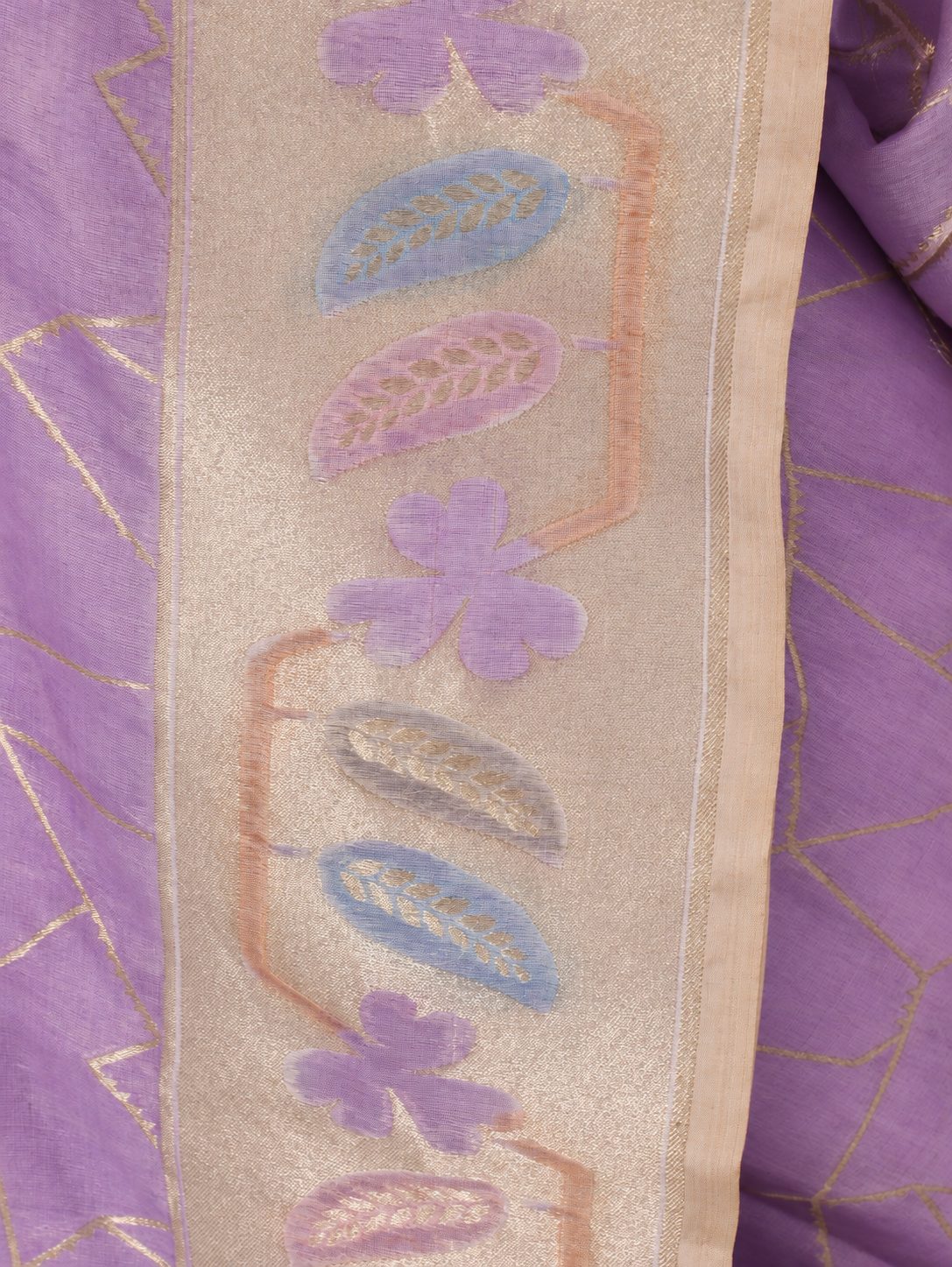 Soft lavender body with a champagne-gold border and pastel pink, powder-blue and lilac accents Raw Dupion Banarasi saree blouse piece