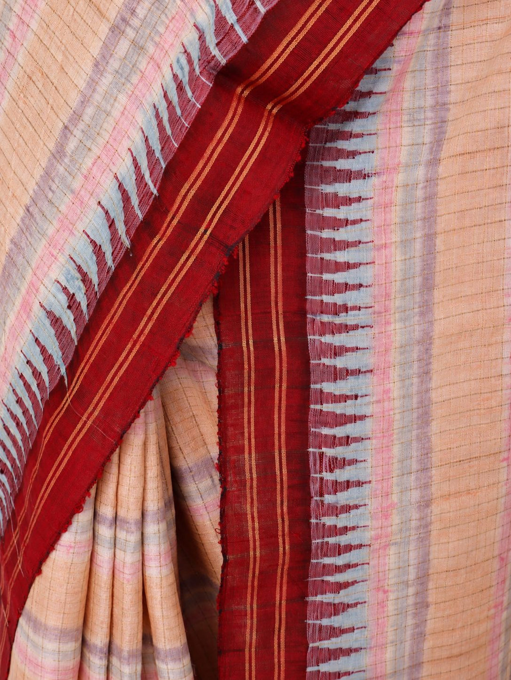 Soft peach-beige with pastel pink and powder-blue accents, contrasted by a deep maroon border Raw Silk Banarasi saree blouse piece