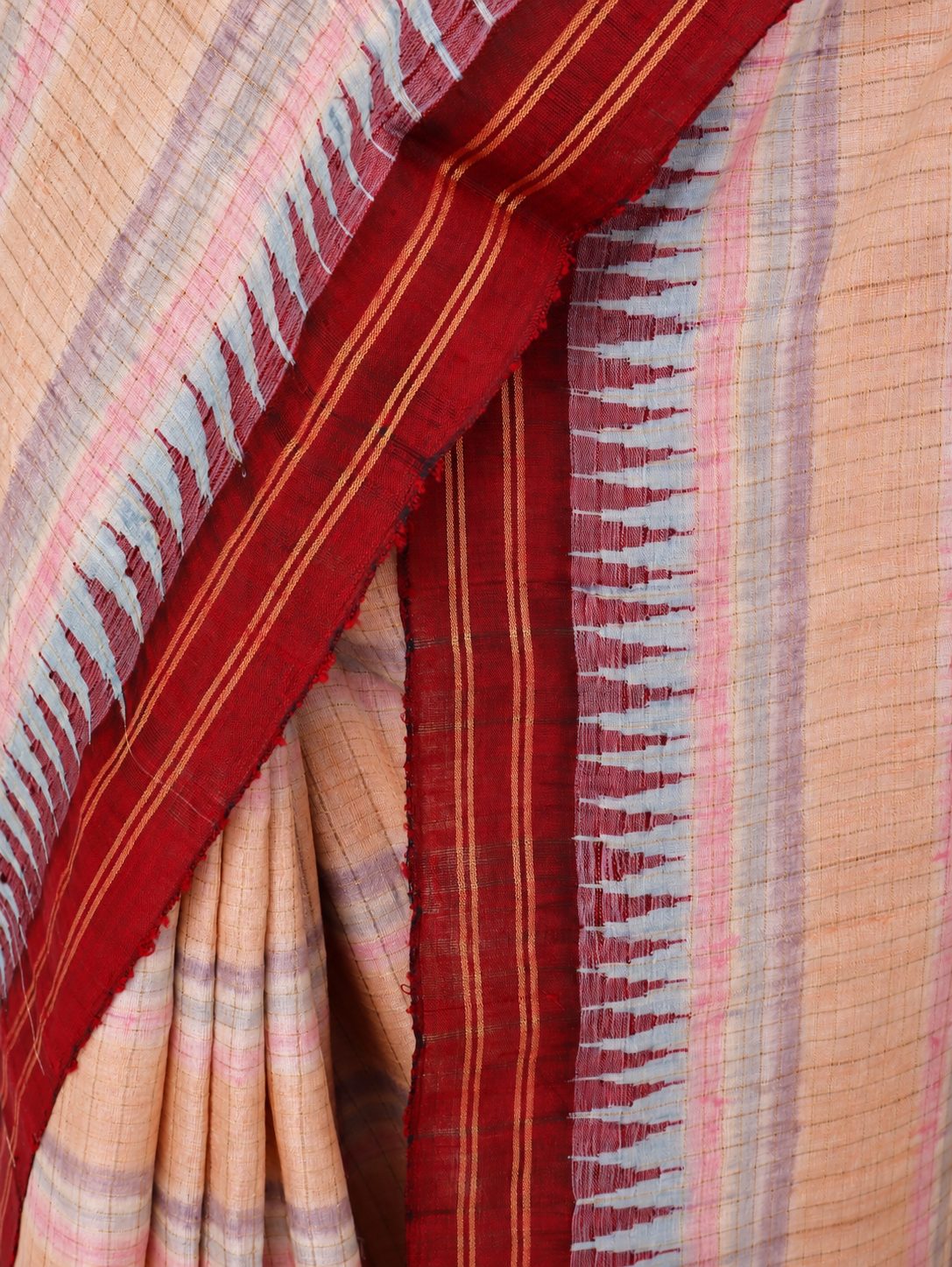 Soft peach-beige with pastel pink and powder-blue accents, contrasted by a deep maroon border Raw Silk Banarasi saree blouse piece