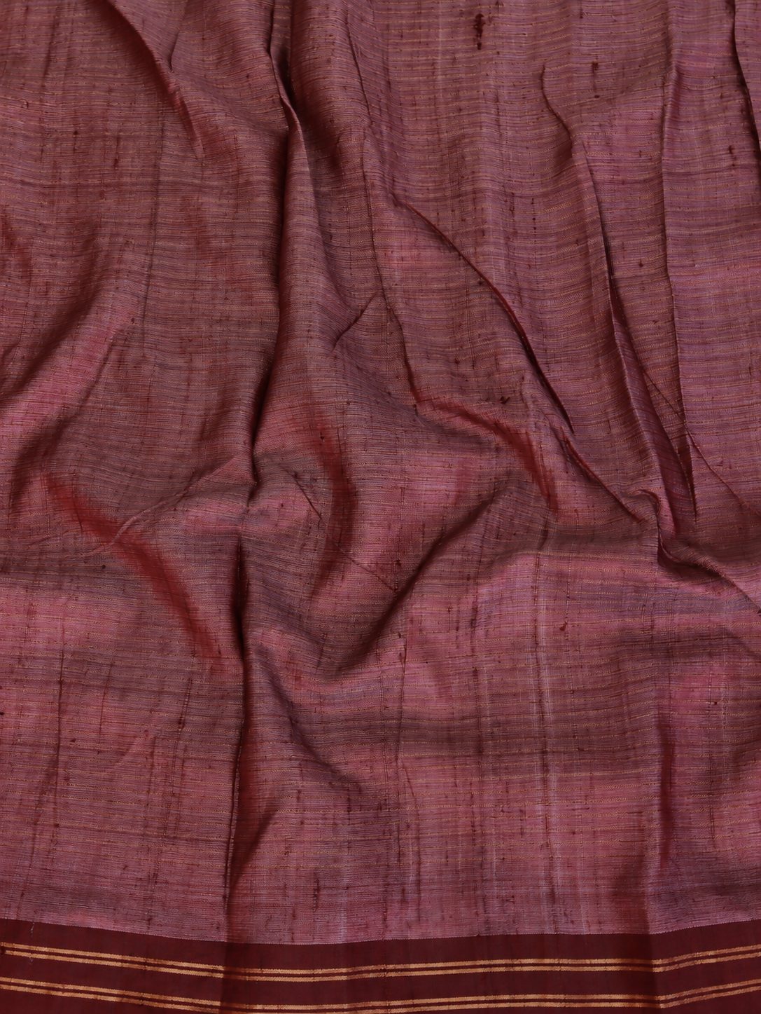 Soft peach-beige with pastel pink and powder-blue accents, contrasted by a deep maroon border Raw Silk Banarasi saree full spread