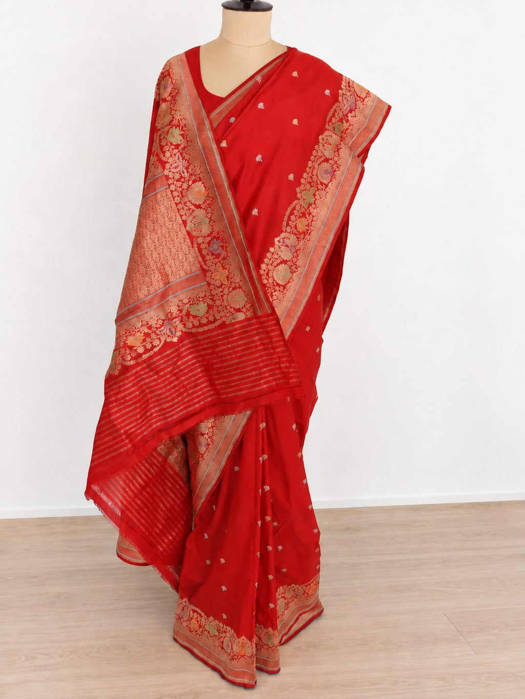 Rich vermilion red with gold and silver-toned zari, accented with green, purple and orange details Katan Silk Banarasi saree full spread