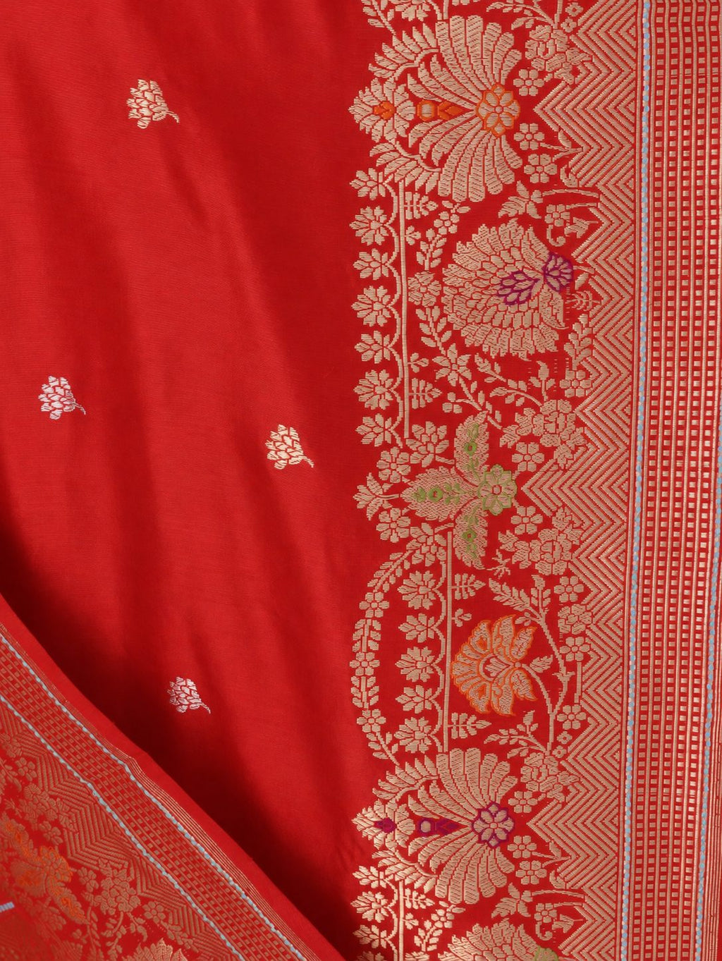 Rich vermilion red with gold and silver-toned zari, accented with green, purple and orange details Katan Silk Banarasi saree blouse piece