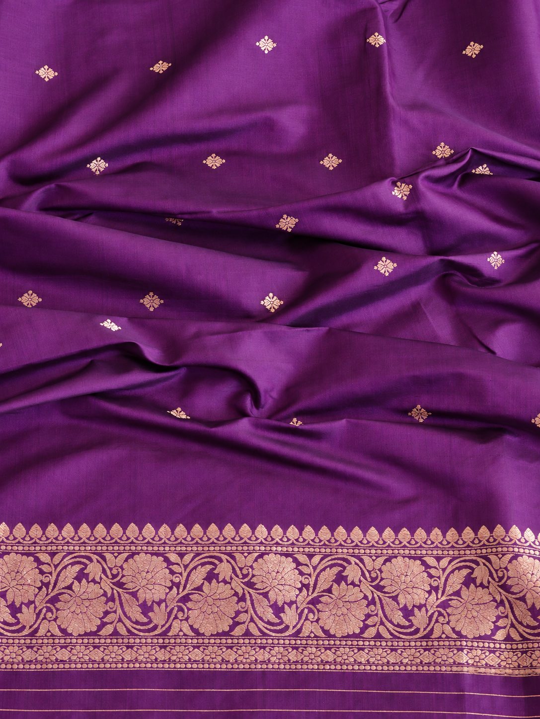 Rich plum purple with gold-toned zari detailing and subtle magenta edging Katan Silk Banarasi suit dupatta detail